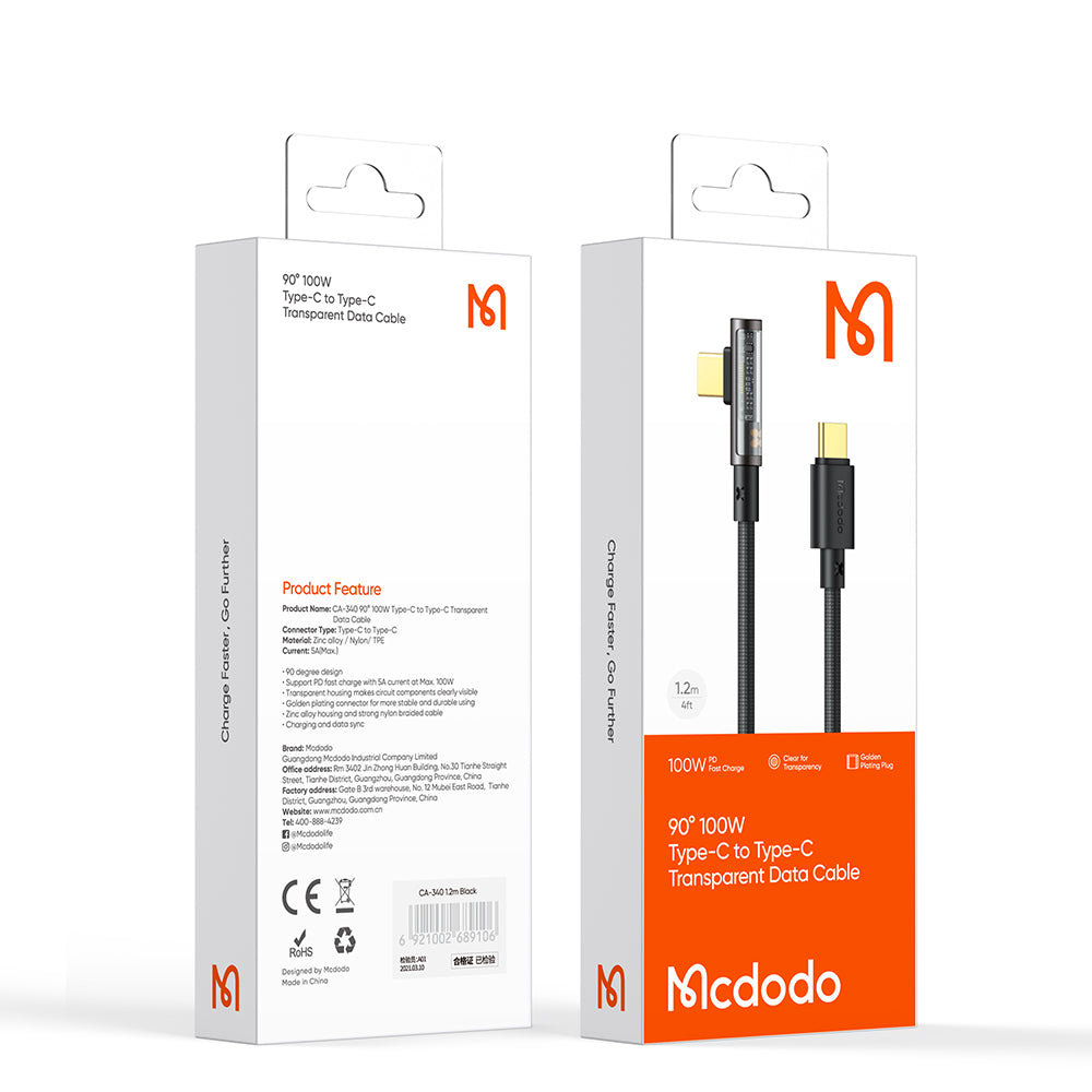 Mcdodo 100W Type-C to Type-C 90 Degree Transparent Data Cable 1.8m