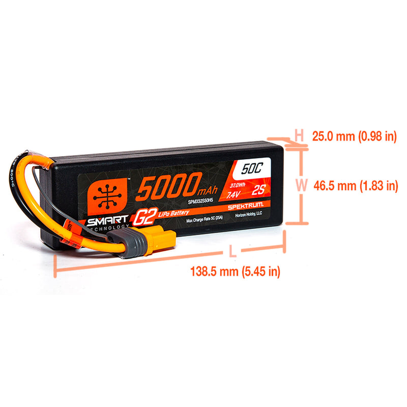 SPEKTRUM 5000mAh 2S 7.4V LiPo 50C Hard Case; IC5